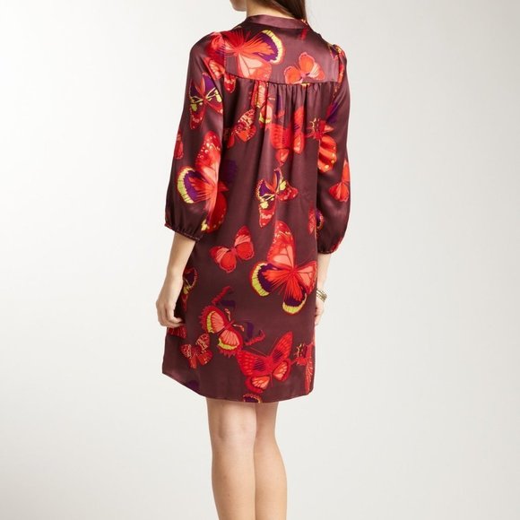 Amour Vert Red Dalila Silk Butterfly Print Tunic Shift Mini Dress M - Picture 2 of 11